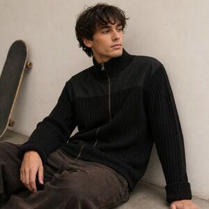 LL Bean Black Ribbed Full Zip Military Sweater Canvas Shoulder Elbow Patches